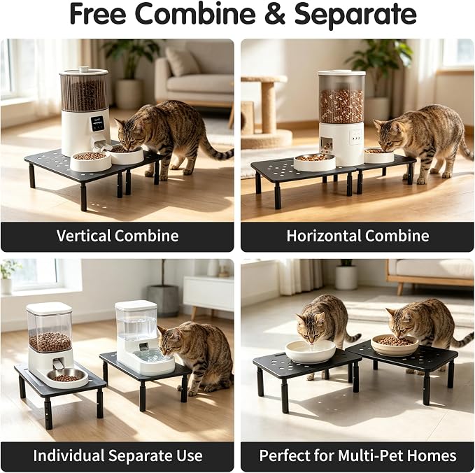 2 Pack Elevated Cat Food Stand, Cat Feeder Stand for Pets, Black | Cat Feeding Station, Pet Food Stand for 4-6L Feeders, 3 Adjustable Heights, Non-Slip Metal Base, Storage Rack