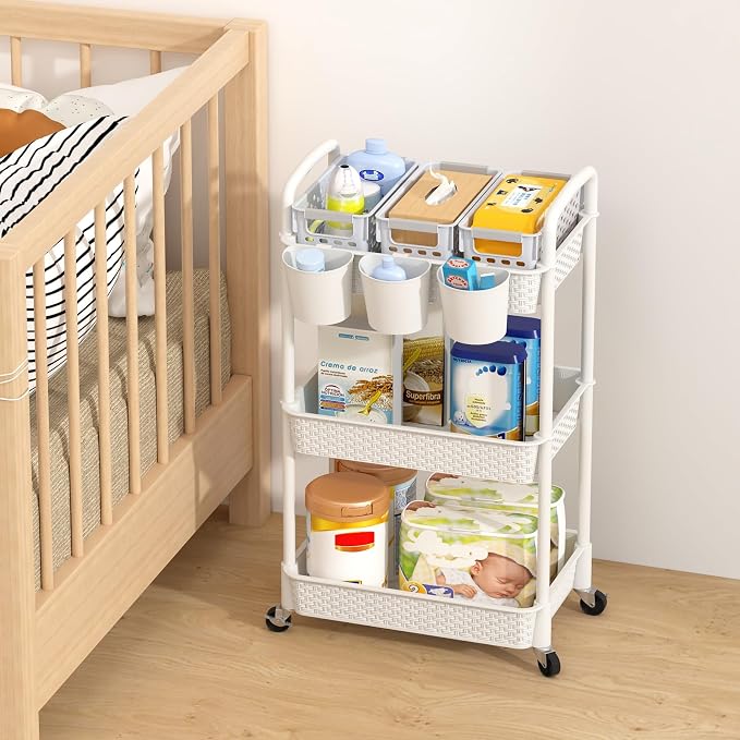 MOYIPIN 3-Tier Plastic Rolling Utility Cart with Handle,White | Utility Storage Cart for Office, Living Room, Kitchen,Movable Storage Organizer，Easy installation，Rattan-like art design