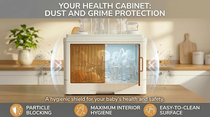 Vessy Baby Bottle Organizer for countertop with Drying Rack, Cover Dustproof Baby Bottle Storage Box Cabinet Station Essentials Clear Doors Plastic Storage Organizer White