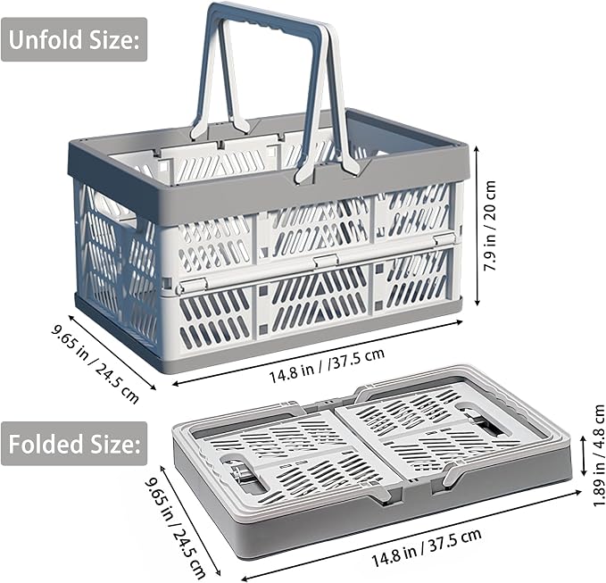 Collapsible Plastic Storage Crate - 20L Folding Organizer Basket Portable Stacking Storage Crate Bin with Handle, for Camping, Picnic, Car Trunk, Home Storage (Gray, M)