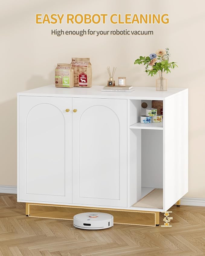 Hzuaneri Large Cat Litter Box Enclosure, Automatic Litter Box Furniture | Wooden Self-Cleaning Cat Cabinet with Storage & Scratch Pad, Modern Cat Washroom, End Table, White and Gold CB87103G