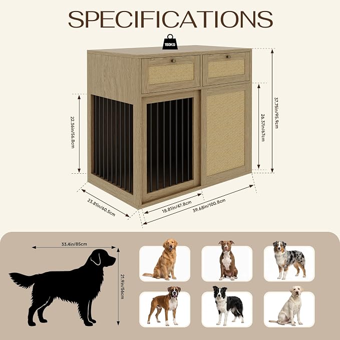 PureCozy Wooden Dog Crate Furniture, Left Unit, 40 Inch, Light Oak | Cane cabinet and metal sliding door with 2 storage drawers; furniture-style indoor kennel doubles as an end table.