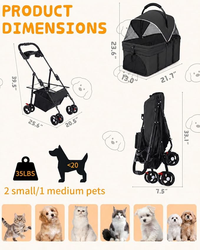 Pet Stroller, 3 in1 Foldable Dog Cat Stroller with Detachable Carrier-Black | 35lbs Lightweight Foldable Dog Stroller, All-Terrain 4 Wheels, Compact Travel Pet Stroller for Small to Medium Pets