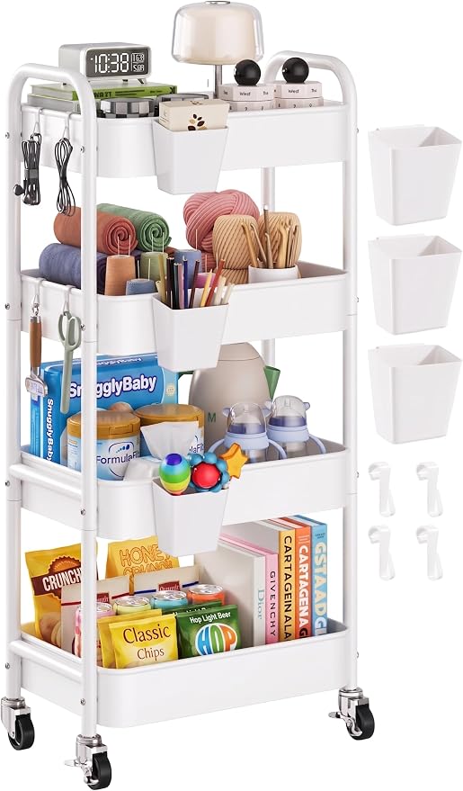 Heavy Duty 4 Tier Rolling Storage Cart Metal with Wheels, White Four Tiered Utility Roller Carts Organizer on Wheels for Art, Craft, Baby Diaper Caddy, Snack, Book, Large-Capacity Shelving Units, 37in