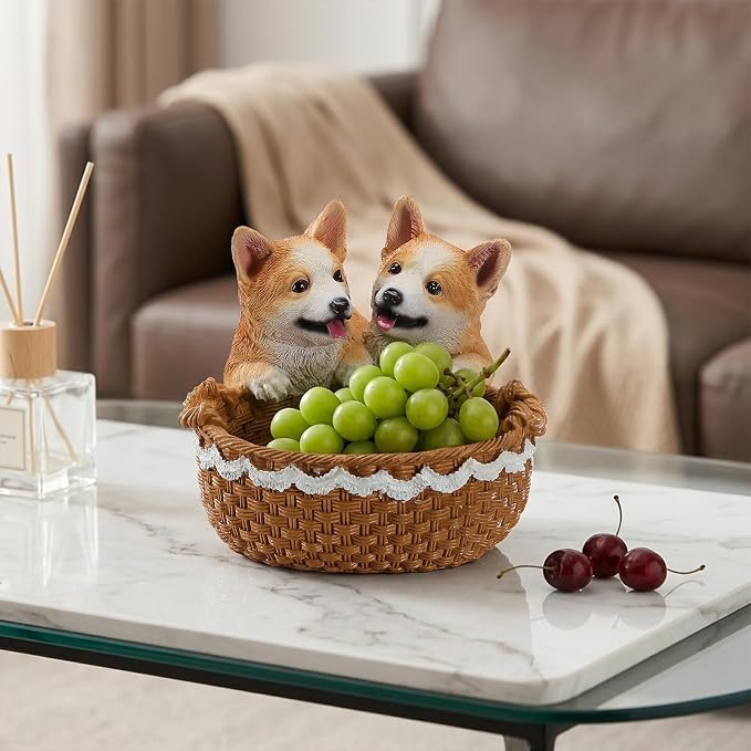 Resin Double Corgi Storage Basket, Decorative Catchall Tray for Keys & Candy, Desk Organizer Bowl for Home Office, Room Decor Accessories