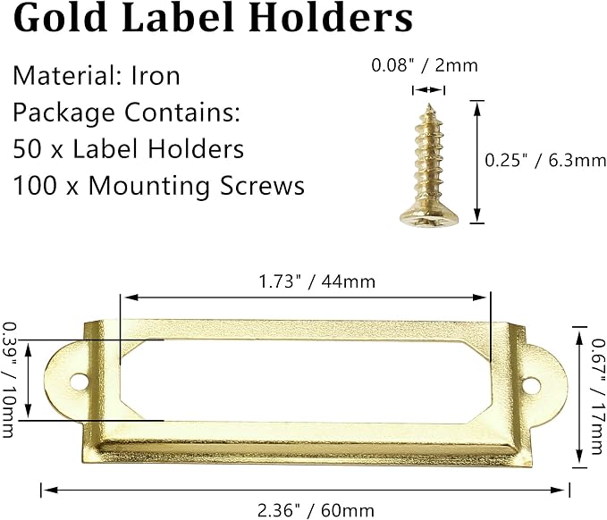 50 PCS Metal Label Holders 60x17mm Gold with Screws | Iron Gold-Plated Rust-Proof, 60x17mm Fits 44x10mm Label, Screws Included, For Cabinet Drawer File Box