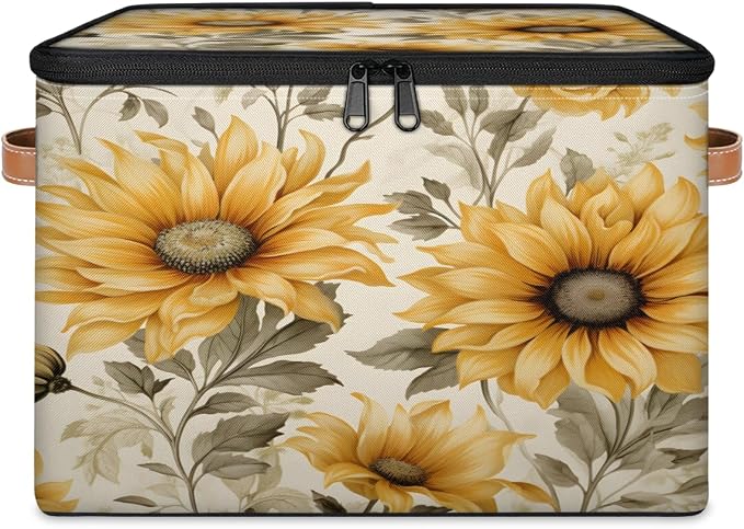 Pardick Flower Sunflower Storage Bins Storage Basket with Zipper Lid & Handle Foldable Storage Box Storage Cube Bin Clothes Organizer for Closet, Bedroom