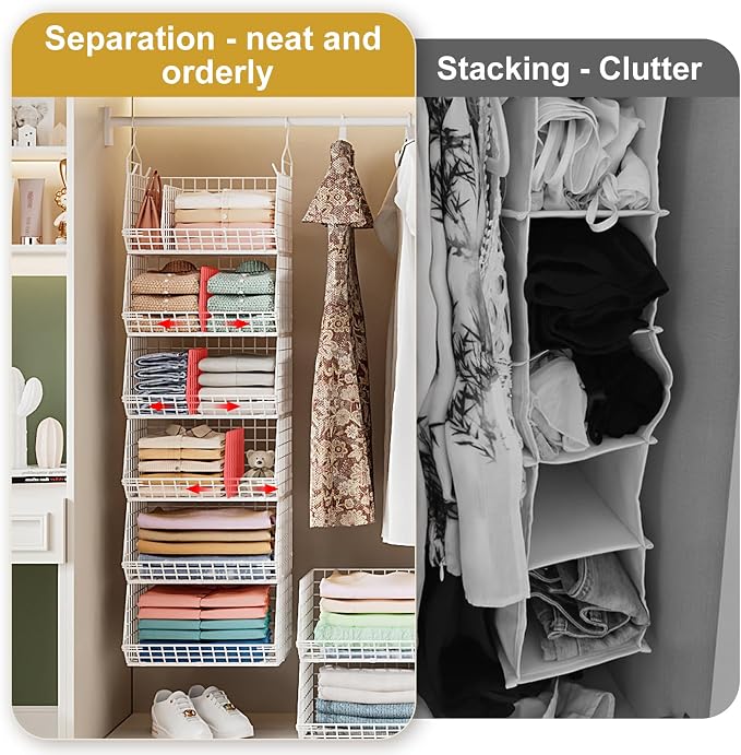 6 Tier Extra Large Hanging Closet Organizer, Closet Storage Hanging with Dividers, Wire Closet Shelf with 5 S Hooks 4 Dividers,Sweater Handbag Hat Accessory Storage Hanger,White