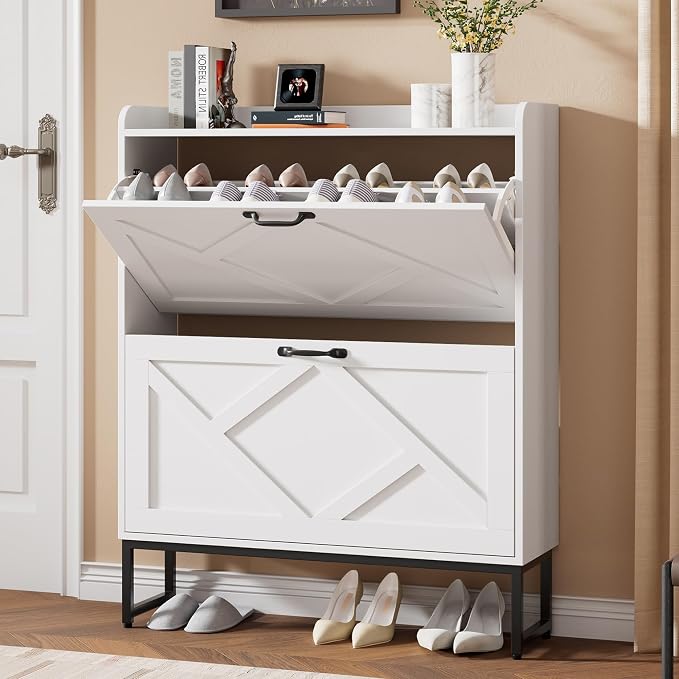 Shoe Storage Cabinet with 2 Flip Drawers, Freestanding Shoe Organizer, Shoe Cabinet with Metal Legs, Narrow Shoe Rack Cabinet, Farmhouse Slim Shoe Cabinet for Entryway, Foyer, Hallway, White