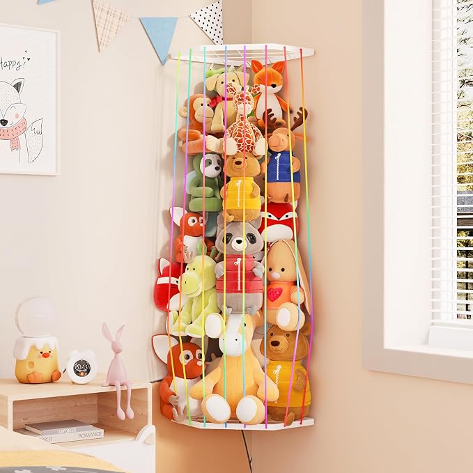 BBLlKE Stuffed Animal Storage Zoo - Corner Plush Toy Organizer Length Adjustable, Wall Hanging Stuffed Animal Net Holder for Nursery Playroom Bedroom Kids Room, Multicolor
