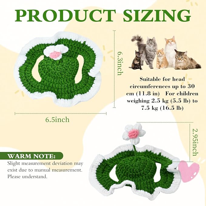 Flower Cat Hat, Cotton & Soft Cute Knitted Hats for Cats Birthday Party Spring Puppy Hat for Small Pets (Green,M)