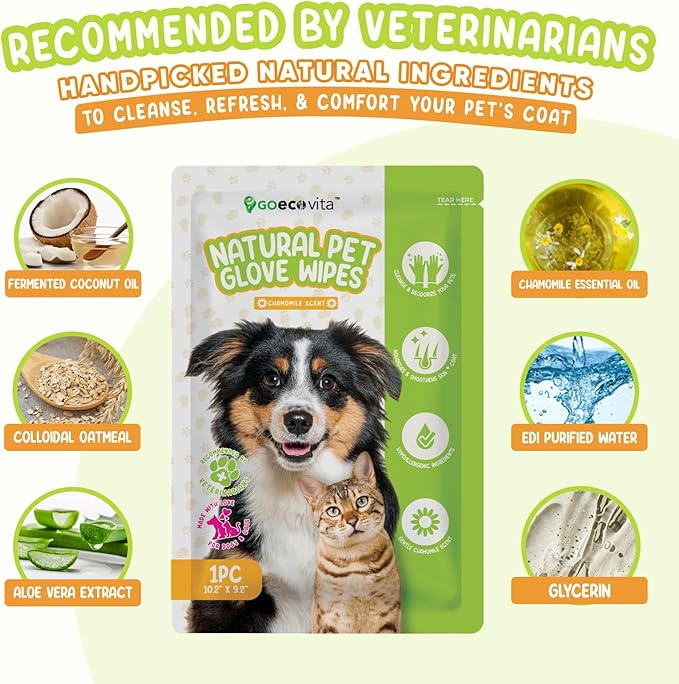 GoEcoVita Pet Deodorizing Glove Wipes for Dogs & Cats | Nourish & Clean Fur & Skin | Coconut Oil & Chamomile Rinse-Free Wipes | Bathing Glove Wipes for Daily Care | Natural, Hypoallergenic (8 Pack)