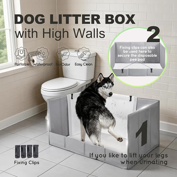 HQ4US 4LEGS Dog Litter Box Indoor High Walls, Puppy Pee Pad Holder Foldable | Dog Potty Tray, Extra Large Dog Toilet with Clip,No Assembly, Waterproof, Easy Clean, No Spill, Seamless, Portable for Travel