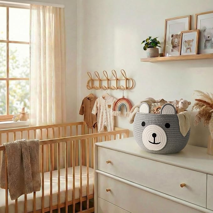 CherryNow Baby Basket for Gifts Empty, Cute Bear Design, Light Grey | 10.5" x 8.5" Woven Rope Baby Shower Basket, Fits Living Room Nursery Décor, Small Gift Baskets Empey for Kids