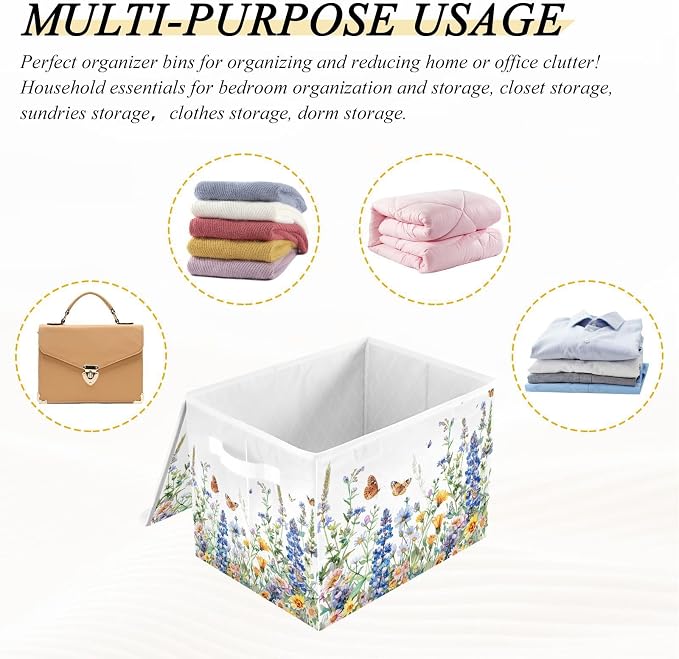 senya Flower Baskets Collapsible Storage Bins with Lids, Watercolor Wildflowers Spring Storage Boxes Clothes Baskets for Organizing, B06D22020