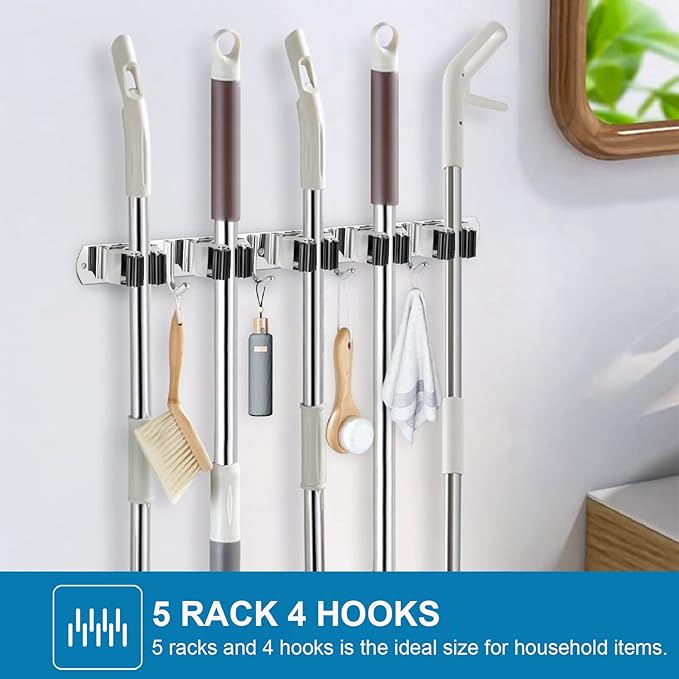 IMILLET Broom Holder Wall Mount Stainless Steel Mop Organizer | 5 Racks 4 Hooks Heavy Duty Garage Organization Storage,Broom and Mop Organizer Wall Hanging Self Adhesive for Laundry Room