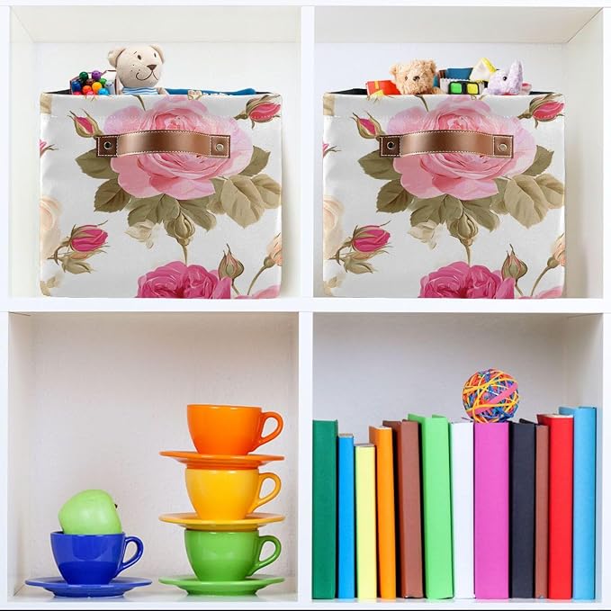 susiyo Large Foldable Storage Bin, Floral Pink Roses Fabric Storage Baskets for Shelves, Closet Organizer Bins, Decorative Baskets Clothes Storage Bin with PU Handles -2Pack