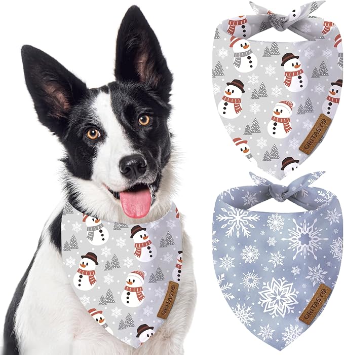 Christmas Snowman Dog Bandanas, 2-Pack Triangle Reversible Snowflakes Pet Scarves, Premium Fabric, Bandana for All Boys Girls Dogs (L, Style 3)