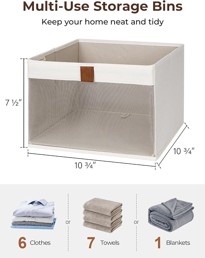 StorageWorks Fabric Storage Bins, Closet Organizer Bins, Beige, 3-Pack | Mesh Front Window, Soft Leather Handles, Collapsible, Flip to Show/Hide, Storage Baskets for Closet, Shelf, Bedroom, Bathroom