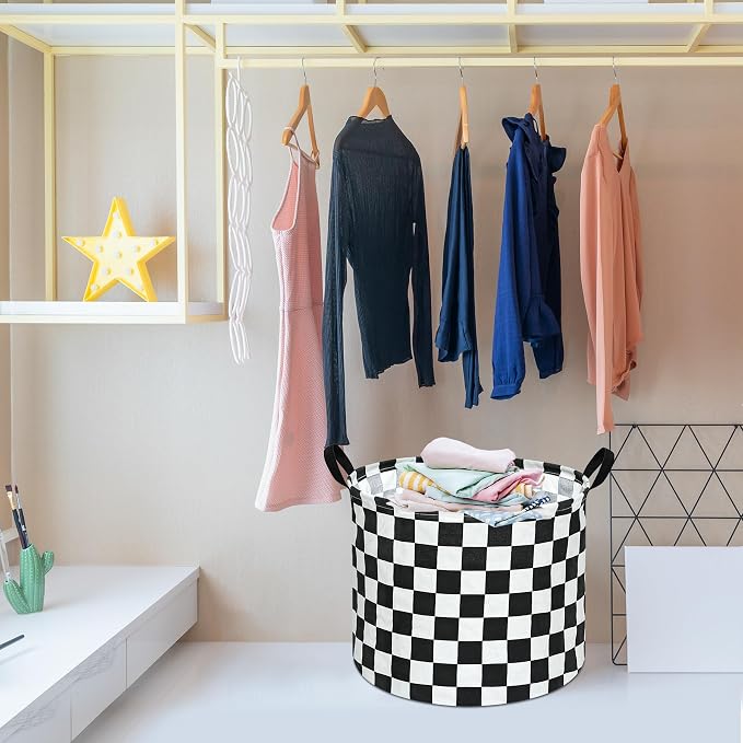 3 Pack Checkered Storage Baskets with Leather Handles, Foldable Fabric Toy Storage Bins with Waterproof Lining, Large Round Laundry Hamper for Kids Room, Nursery, Bedroom, Playroom Organization
