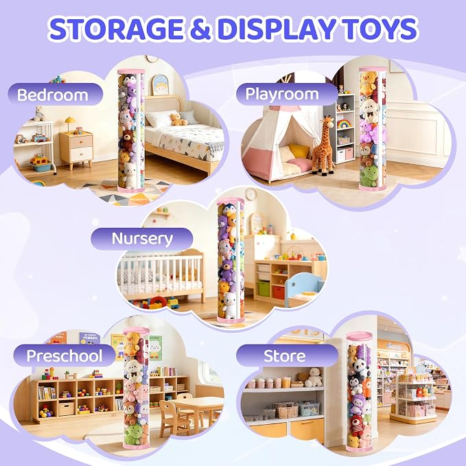 Stuffed Animal Storage Tube, Dust-Resistant 47x11 Inches Large Capacity Toy Storage Organizer with Zipper, Easy Assembly & Space Saving for Plush Toys, Playrooms Living Rooms Bedrooms Pink