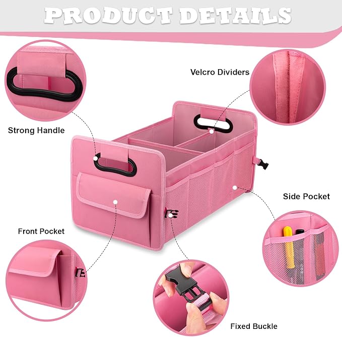 Car Trunk Organizer, Collapsible Car Organizers and Storage Large Pink | Sturdy, Strong Capacity, Clean Decor, Multi Compartment Container Box, Adjustable Car Accessories for SUV Sedan Truck