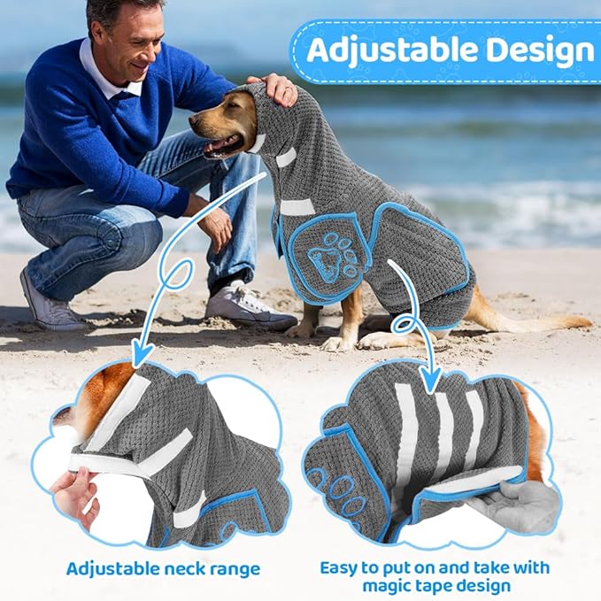 SlowTon Dog Bathrobe Drying Coat – Super Absorbent Microfiber Towel Wrap with Adjustable Collar & Belly Strap, Fast Drying Bath Robe for After Bath Swim, for Large, Medium, Small Dogs (Grey M)