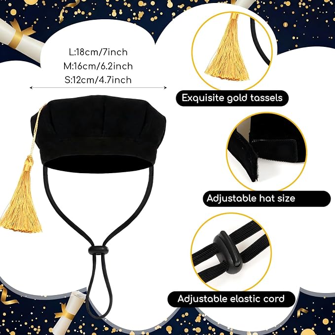 Pet Graduation Caps Velvet Dog and Cats Graduation Hats with Yellow Tassel Doctroal Cap Pet Grad Costume for Grad Holiday Birthday Party Costume Accessory for Large Dog(L(7 * 7in))