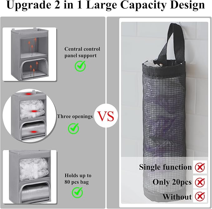 2-in-1 Plastic Bag Holder with Clear Window, Large Grocery Bag Holder and Garbage Bag Dispenser with Easy-Access Openings, Trash Bag Organizer for Kitchen RV Cabinet Wall Mounted(Gray)