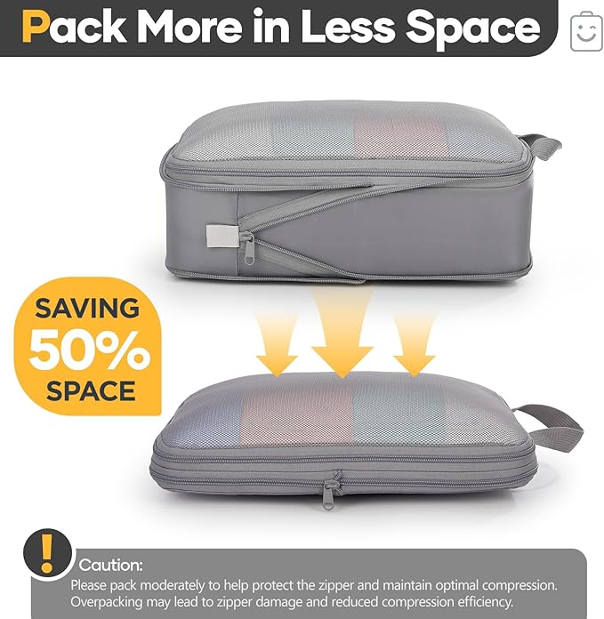 Veken 6/9/11 Set Compression Packing Cubes Garment Bags for Travel Essentials,Compressible Expandable Luggage Organizer Bags for Clothing,Space Saver Bags with Over 1000 pcs of Mesh Holes(Gray)