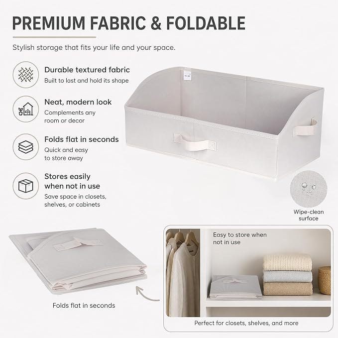 WUIKE Trapezoid Closet Storage Bins with Handles, White & Beige, 3 Pack | 19.5"L x 11"W x 8"H, Closet Shelf Organizer, Home Storage for Handbags, Clothes, Towels, Wardrobes, and Living Rooms