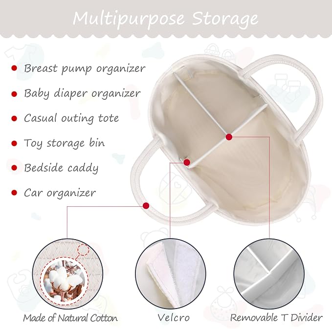 COMSE Large Cotton Rope Baby Diaper Caddy Organizer with Handles, White