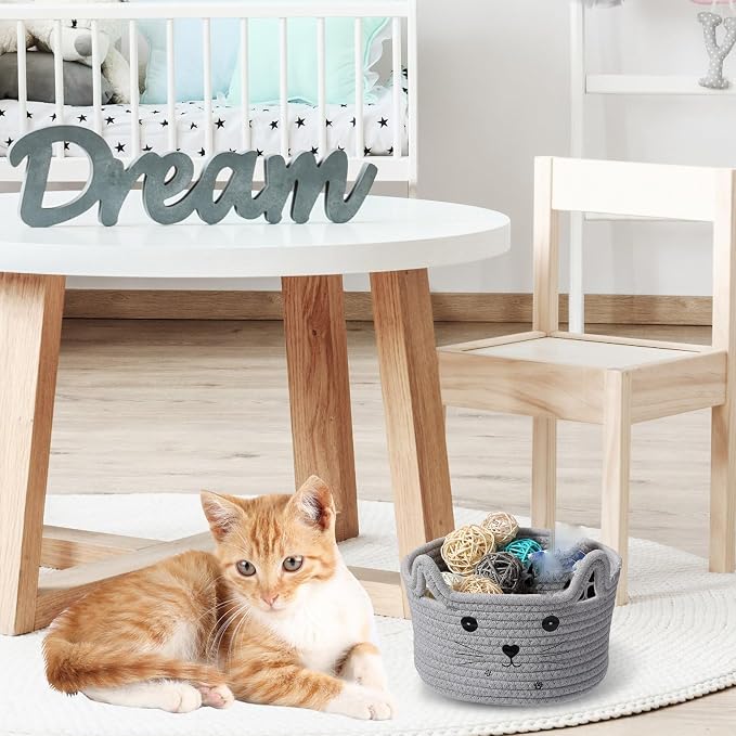 Zopeal Cat Storage Basket Woven Organizer with Ears Decorative Gift Cute Cotton Rope Pet Toy Basket for Gift Cat Dog Toy Bin Nursery Room(8.3 x 4.7 Inch,Light Gray)