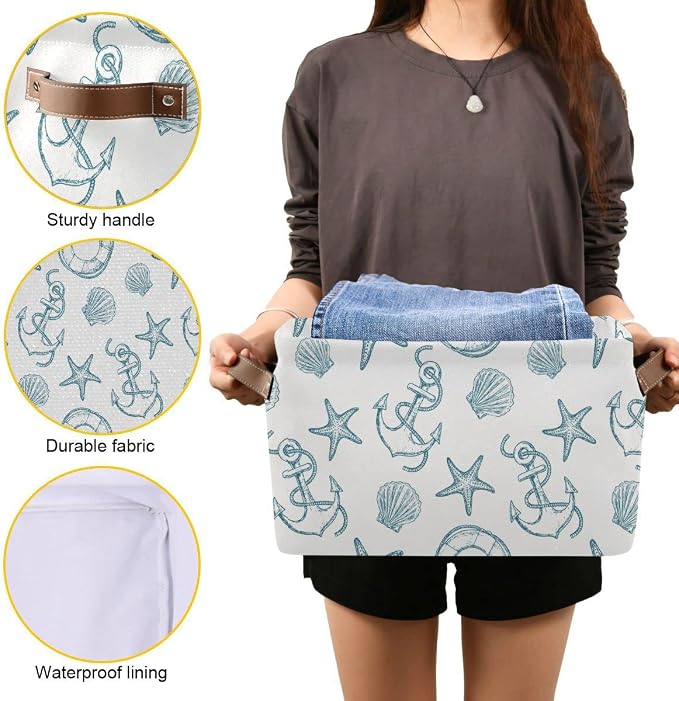 Coastal Anchor Nautical Theme Storage?Basket?Fabric?Laundry?Baskets Starfish Summer Beach Storage?Boxes?Organizer?Bag?for?Baby?Cloth?Dog?Toy?Book?Storage?Cubes?Shelf?Closet?Bins?16¡Á12¡Á8?Inches