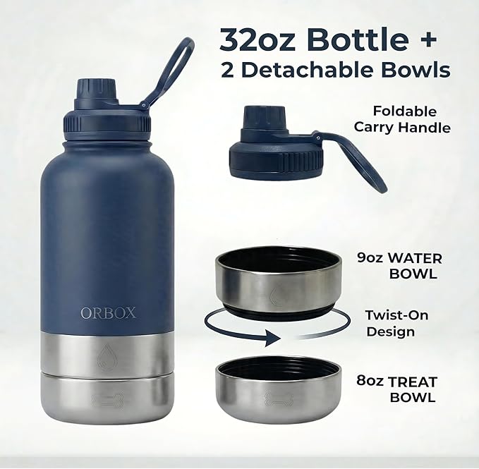 32oz Portable Dog Water Bottle with 2 Detachable Bowls for Small & Medium Dogs, Insulated Dog Travel Bottle for Walking and Road Trips (Dark Blue)