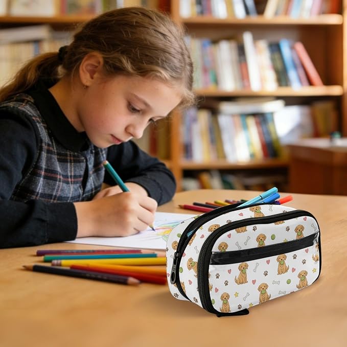 Cute Pets Dogs White print Large Capacity Pencil Case with Zipper Water Resistant Portable Organizer Pen Bag for Students School Office