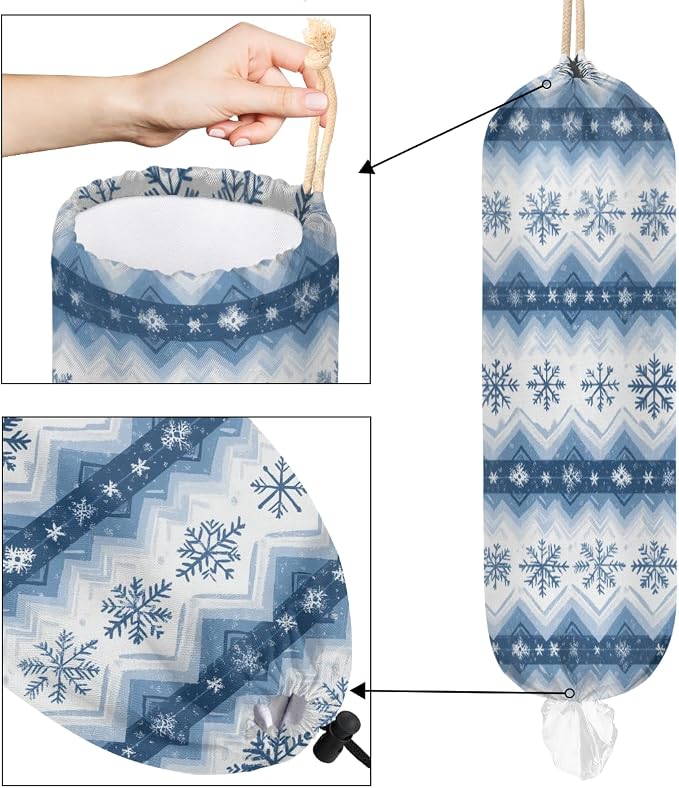Winter Snowflake Plastic Bag Holder Blue Snow Grocery Bag Storage Dispenser Washable Hanging Shopping Bags Carrier Reusable Wall Mount Trash Bag Organizer for Kitchen Pantry