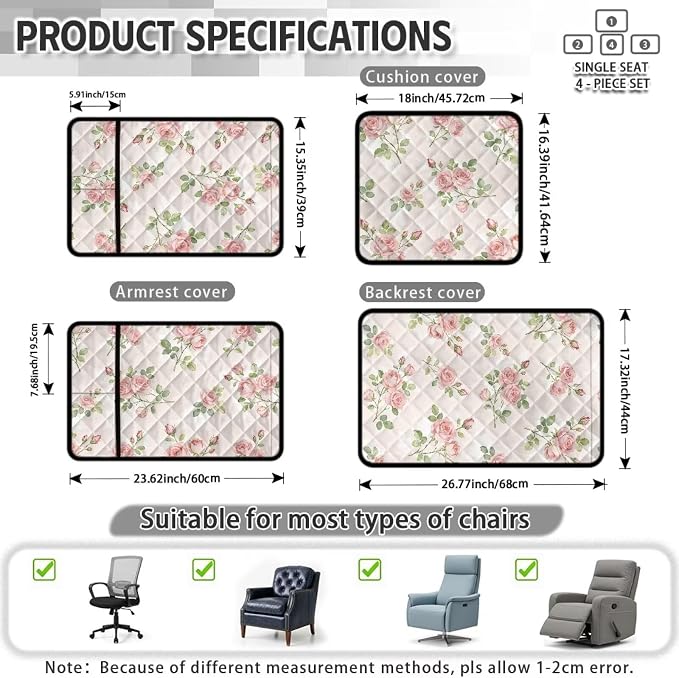 Pink Rose Recliner Chair Covers 4 Piece Pet Friendly | Flower Quilted Recliner Slipcover Non Slip Washable Girly Reclining Chair Cover for Kids Adults Pets Dogs, Dustproof