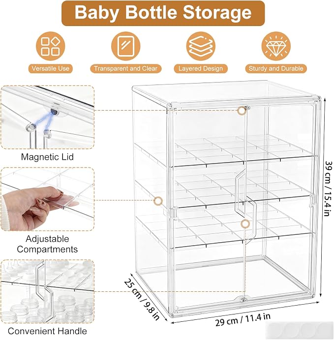 ERTIUANIO Baby Bottle Organizer for Countertop Cabinet Storage | 4 Tier Adjustable Clear Acrylic Station Container with 3 Removable Dividers for Vanity, Bathroom, Nursery, Gifts for New Mom