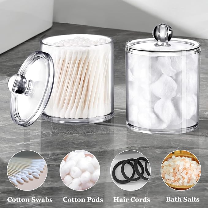 SheeChung 8 Pack Acrylic Qtip Holder with Labels, Qtip Jars for Bathroom | (4) 12oz & (4) 10oz Clear Qtip Holder Set,Shatterproof Bathroom Vanity Organizer for Cotton Swabs,Balls,Pads,Minimalist Decor