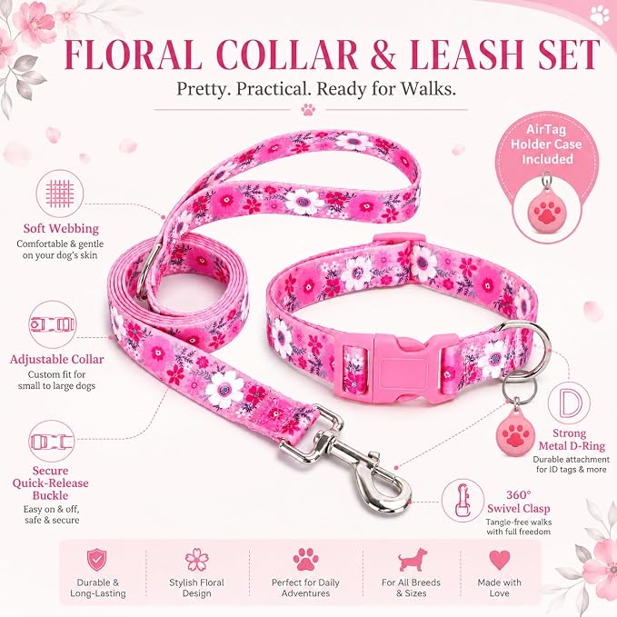 Floral Matching Dog Collar and Leash Set with AirTag Holder-Pink Daisy/M | Anti-Lost,Adjustable Durable Pet Collar Leash Combo for Medium Boy Girl Dogs,for Outdoor Walking Hiking Training Running