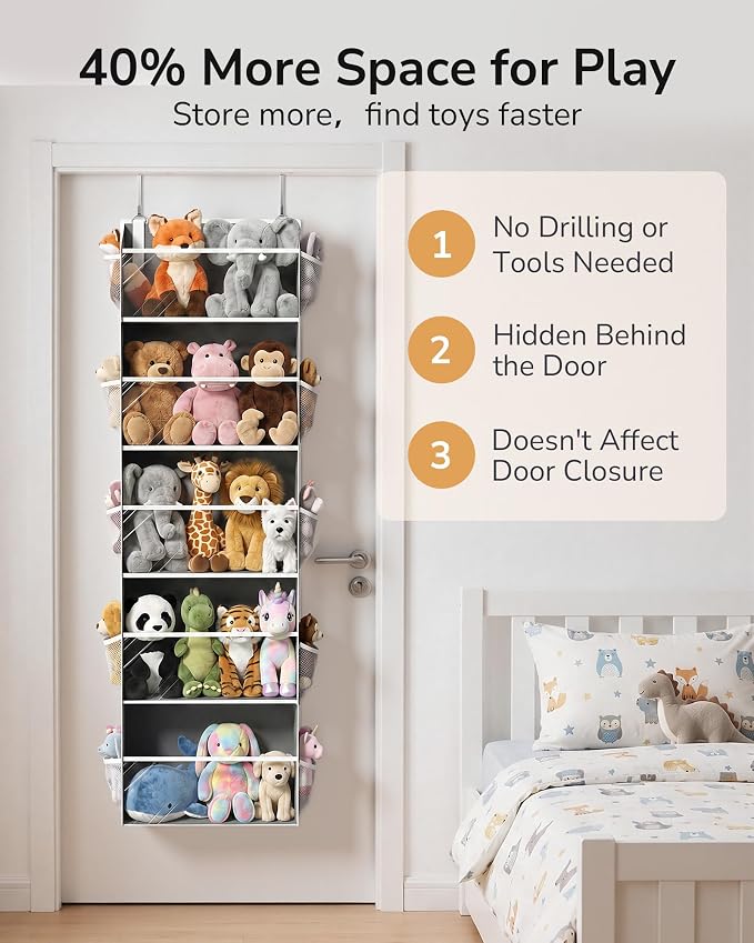 ULG Stuffed Animal Organizer Over the Door, Large Hanging Plush Toy Storage with Mesh Window, Cotton Kids Toy Organizer for Bedroom, Nursery, Playroom & Baby Items Dark Grey
