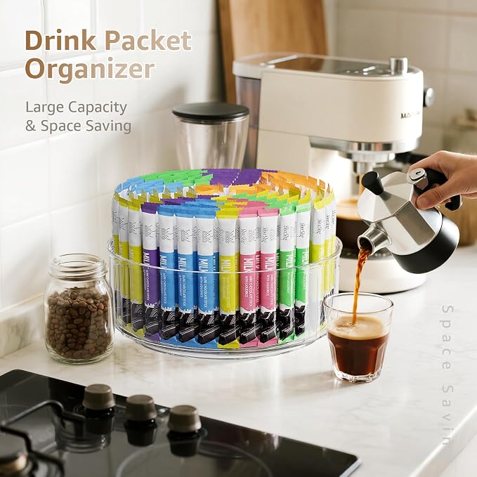 Divided Drink Packet Organizer, Largr Rotating Clear Lazy Susan Turntable | for Powdered Drink Mix, Water Drink Packet Holder, Water Flavor Packet, Coffee, Tea – Space-Saving Countertop Organizer