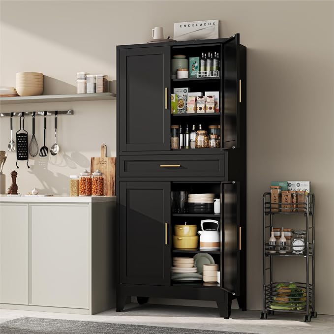 YAUWOH 71''Tall Kitchen Pantry Cabinet with Drawer,6-Tiers Metal Pantry Storage Cabinet with 4 Adjustable Shelves and 4 Barn Doors, Freestanding Farmhouse Food Cupboard for Dining Room (1PC,Black)