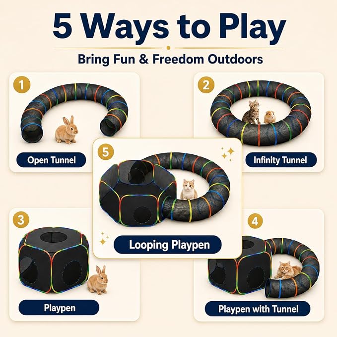 Portable Cat Enclosure - 2-in-1 Outdoor Catio with Tent & Tunnel, Foldable Playpen for Indoor Cats, Includes Storage Bag for Cats & Small Animals Rainbow Color