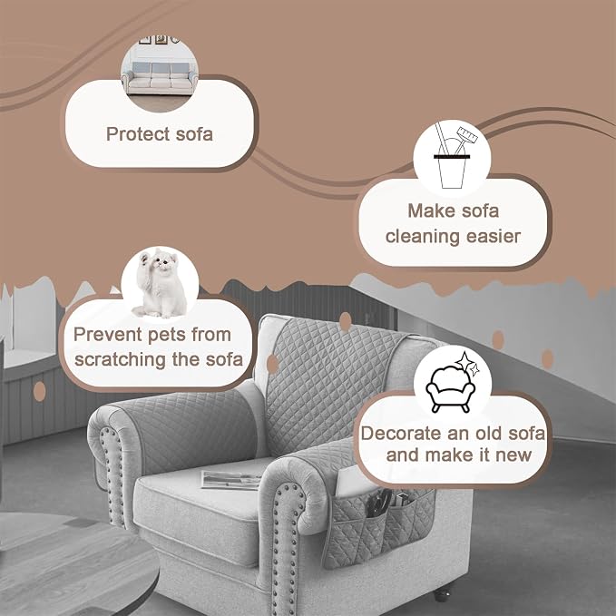 Water-Resistant Sofa Armrest and Headrest Covers with Side Pocket | Keep remotes close quilted polyester helps guard against wear, pet scratches, and kids' messes silicone backing adds grip