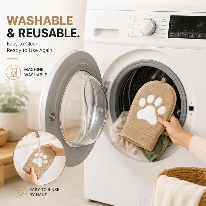 Paw Shape Pet Hair Remover Glove & Fur Storage Bag Set for Cats and Dogs (Beige), Washable Pet Hair Removr, Soft Lint Cleaning Glove for Sofa Carpet Bed Clothes