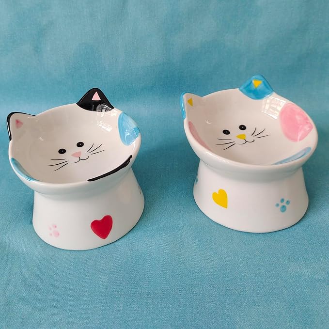 Cute Ceramic Raised Cat Bowls Elevated Design, 15° Tilted FeederProtect Cat's Spine Anti Vomiting Blow for Flat Faced Cats, Kitten Small Dogs,Raise Tilted Cat Food Bowld Pet Dishes(Black)