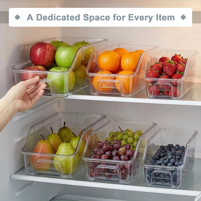 LemonRoad 12 Packs Pantry Organizers and Storage Freezer Clear Organizer Bins with Handle Acrylic Organization Bins Stackable Open Front Storage Vegetable Egg Salad Containers for Kitchen Cabinet