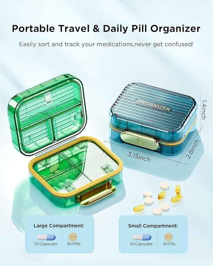Acedada Small Pill Box, Travel Pill Case for Purse, Light Green | Portable 7 Compartments Daily Pill Organizer, Compact Medicine Vitamin Container for Fish Oil & Supplements